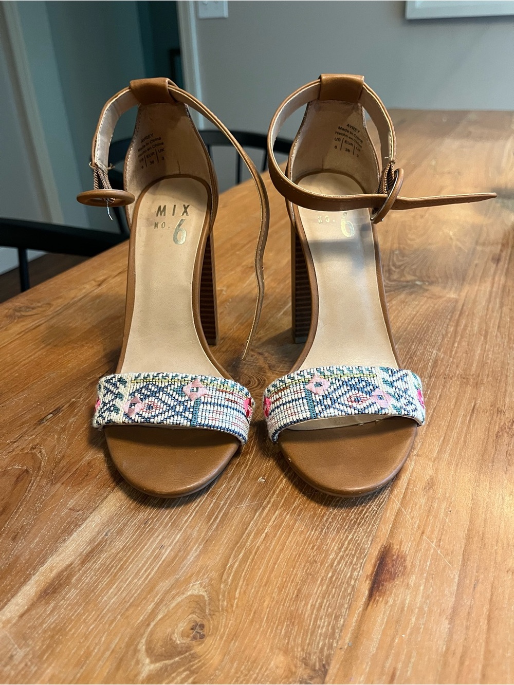 Tan Heels with Embroidered Front Strap